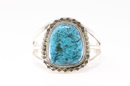 Native America Navajo Sterling Silver Kingman Turquoise Bracelet Cuff By Leslie Nez.