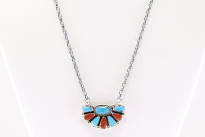 Native America Navajo Sterling Silver Coral & Kingman Turquoise Necklace By Alicia Wilson.