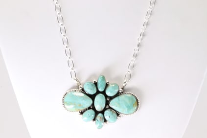 Native America Navajo Sterling Silver Turquoise Floral Necklace By Phyllis A. Smith.