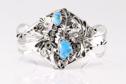 Native America Navajo Sterling Silver Turquoise Floral Bracelet Cuff By Harry B. Yazzie.