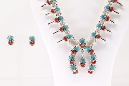Native America Zuni Sterling Silver Coral & Turquoise Necklace & Earring's Set By Effie.