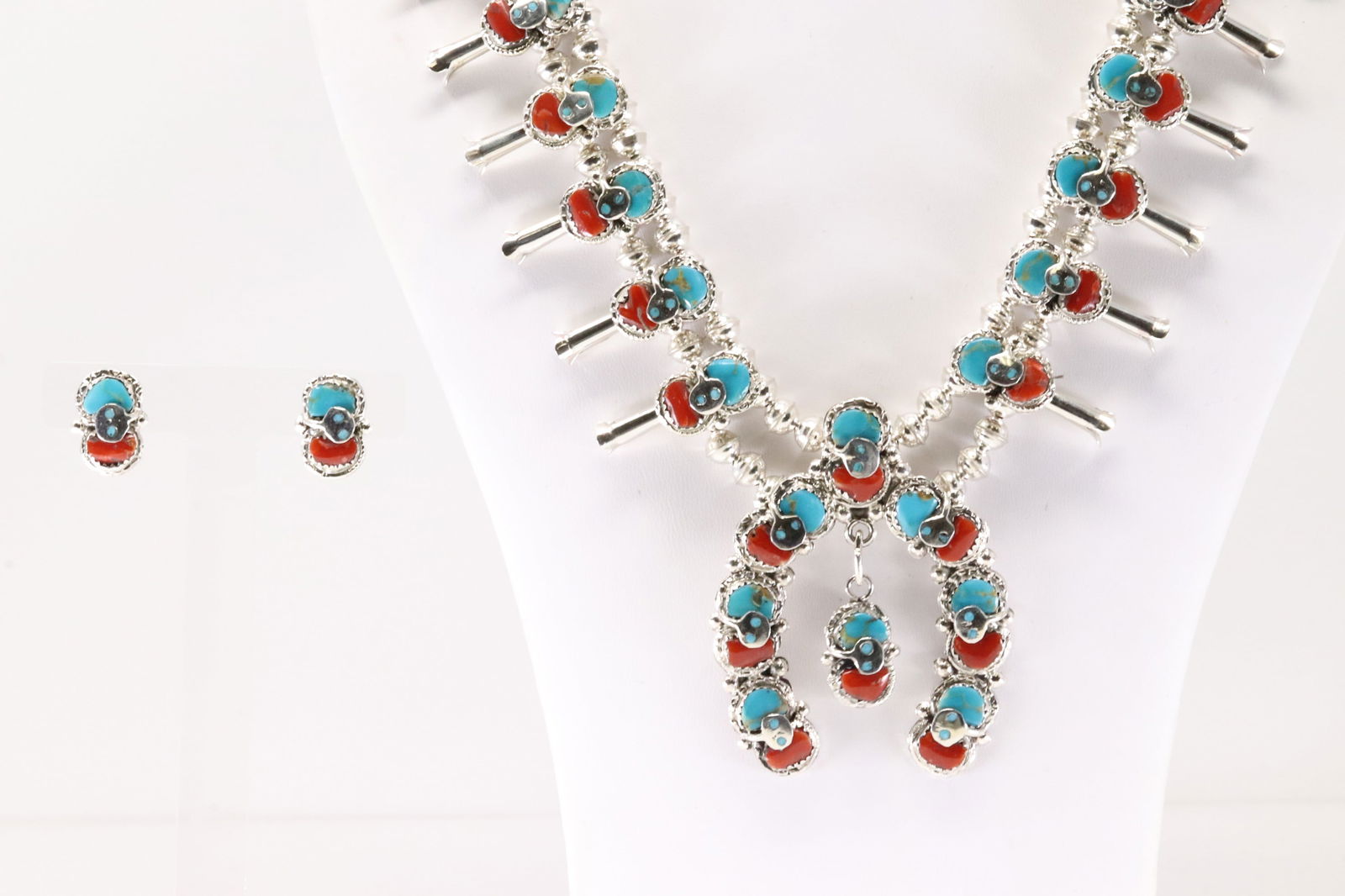 Native America Zuni Sterling Silver Coral & Turquoise Necklace & Earring's Set By Effie. (1 of 8)