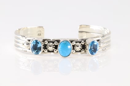 Native America Navajo Sterling Silver Blue Topas & Turquoise Bracelet Cuff By Gilbert Smith.