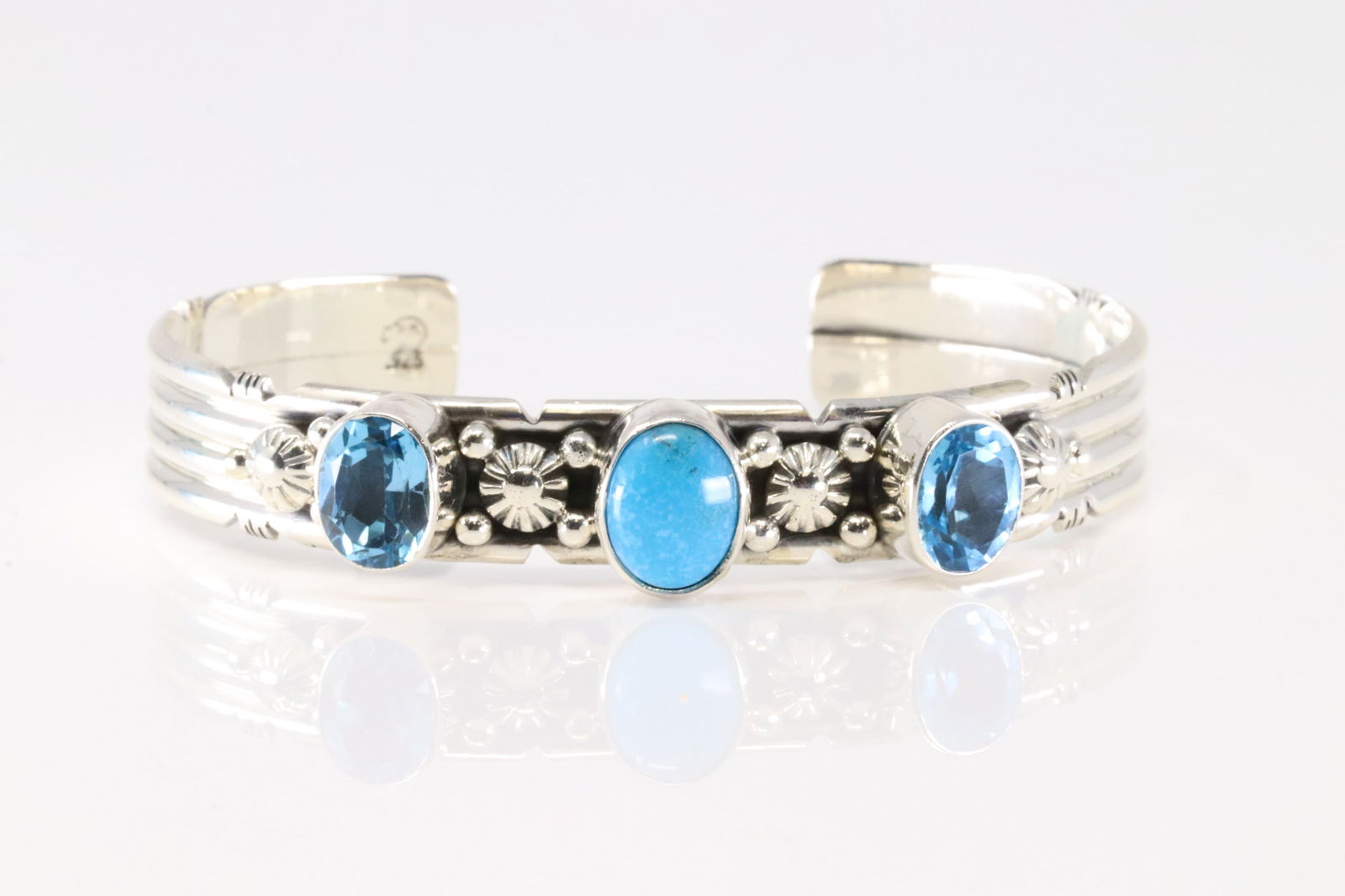 Native America Navajo Sterling Silver Blue Topas & Turquoise Bracelet Cuff By Gilbert Smith.: This is a Native America Navajo Sterling Silver Blue Topas & Turquoise Bracelet Cuff By Gilbert Smith.