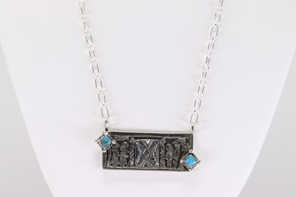 Native America Navajo Sterling Silver Turquoise Storyteller Necklace By Jeremy Delgarito.