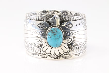 Native America Navajo Sterling Silver Kingman Turquoise Thunderbird Bracelet Cuff By Evelyn Bahe.