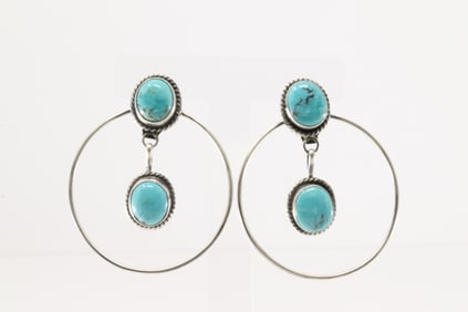 Native America Navajo Sterling Silver Kingman Turquoise Hoop Earring's By Judith Dixon.