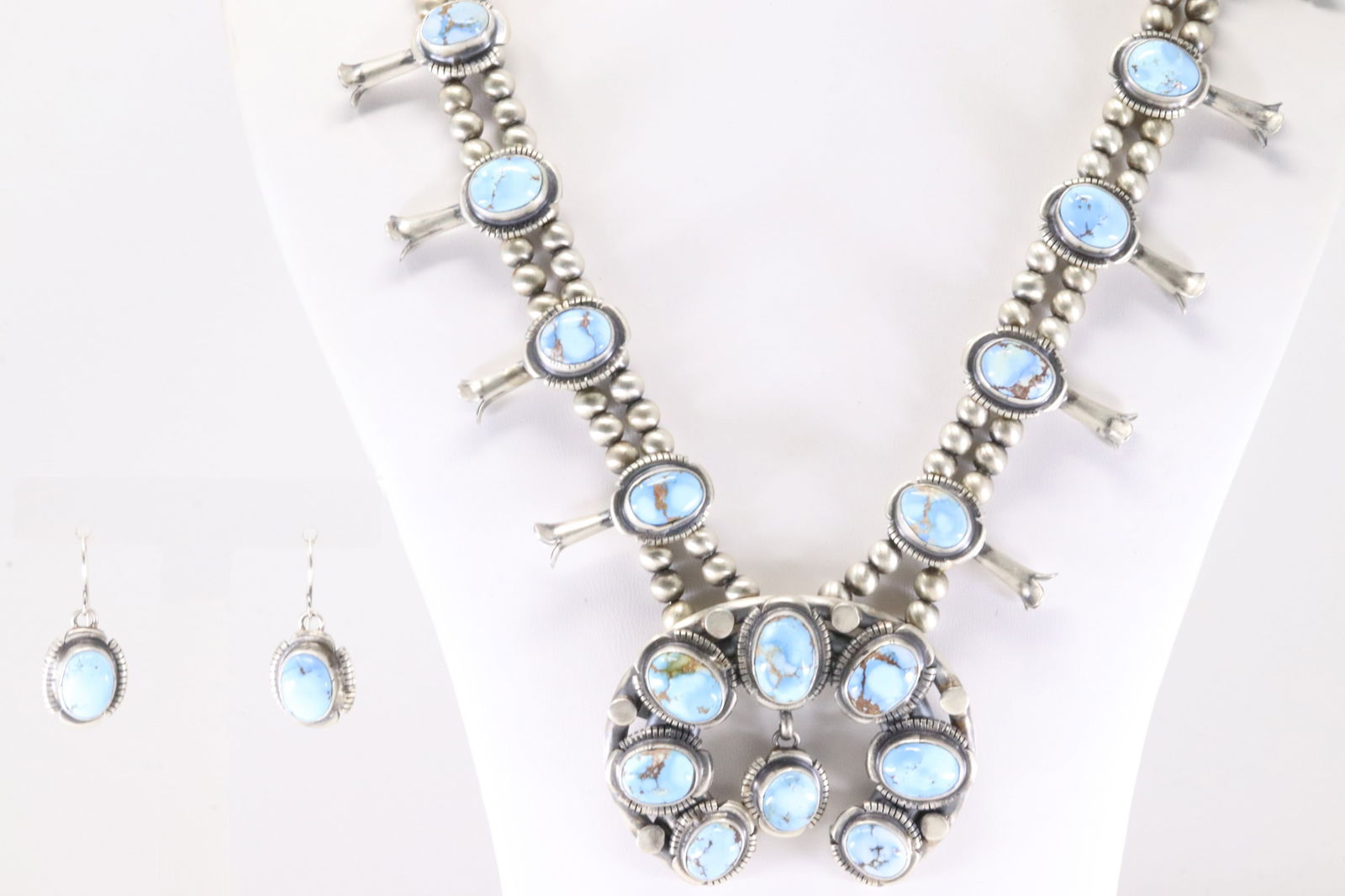 Native America Navajo Sterling Silver Golden Hill Turquoise Squash Blossom Necklace & Earring's Set (1 of 8)