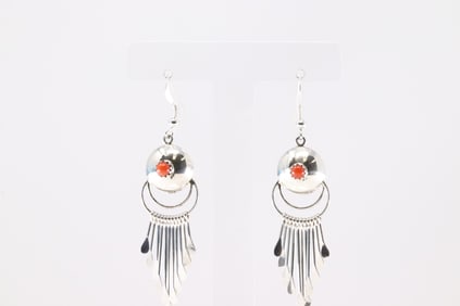 Native America Navajo Sterling Silver Coral Dangling Earring's By Delmar Armstron.