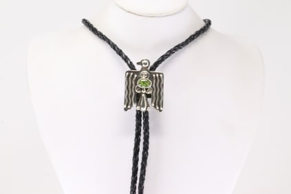 Native America Navajo Sterling Silver Sonora Gold Thunderbird Bolo Necklace By A.L.
