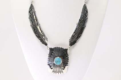 Native America Navajo Sterling Silver Multi-Color Stone Feather Necklace By T&R Singer.