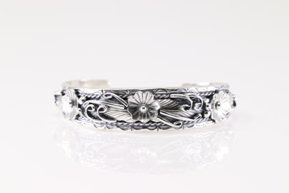 Native America Navajo Sterling Silver Floral Bracelet Cuff by Bessie Joe.