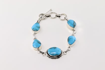 Native America Navajo Sterling Silver Turquoise Bracelet Link By Jimmy Picotte.