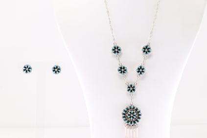 Native America Zuni Sterling Silver Turquoise Necklace & Earring's Set By Tricia Leekity.