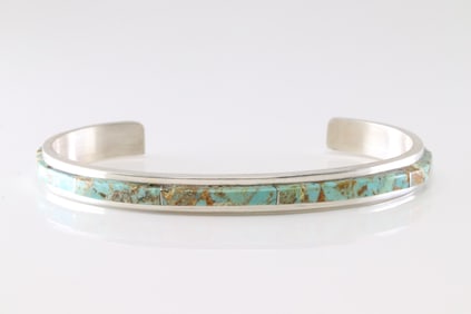 Native America Navajo Sterling Silver Turquoise Inlay Bracelet By S.F.