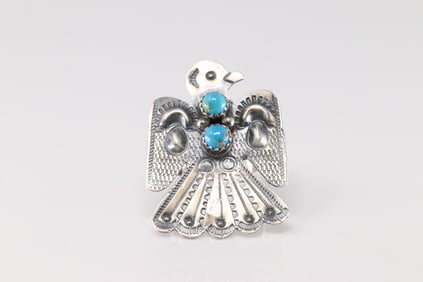 Native America Navajo Sterling Silver Turquoise Thunderbird Ring By T.Yazzie.
