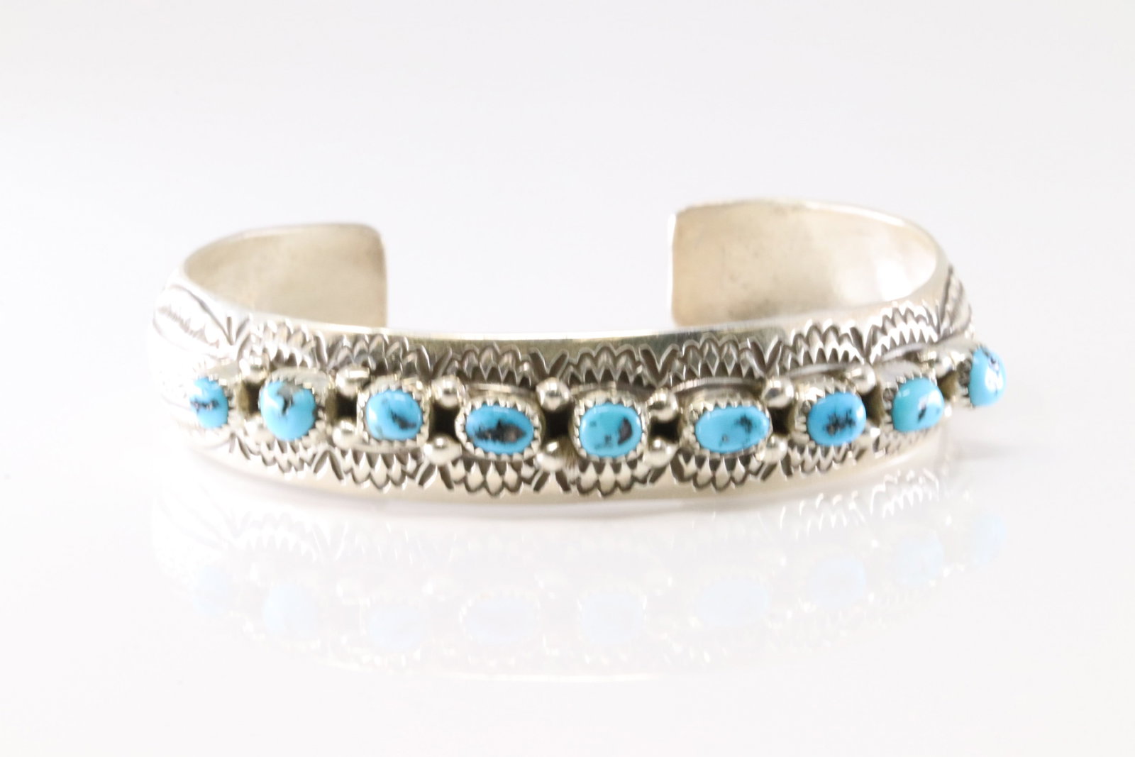 Native America Navajo Sterling Silver Turquoise Bracelet Cuff By G.S: This is a Native America Navajo Sterling Silver Turquoise Bracelet Cuff By G.S