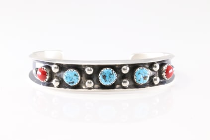 Native America Navajo Sterling Silver Coral & Turquoise Bracelet Cuff By Paul Largo.
