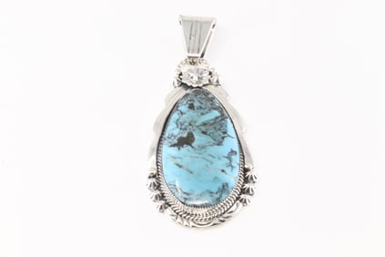 Native America Navajo Sterling Silver Turquoise Pendant By Rose Lee.