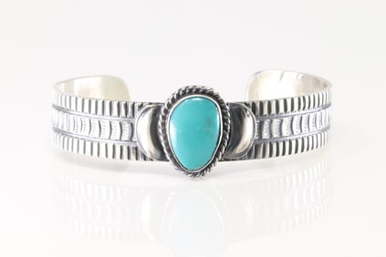 Native America Navajo Sterling Silver Turquoise Bracelet Cuff By Tilli John.