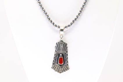 Native America Navajo Sterling Silver Coral Pendant with Pearl Beaded Sterling Silver Machine Made
