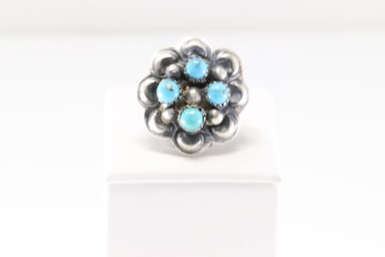 Native America Navajo Sterling Silver Turquoise Floral Ring By L.Yazzie.