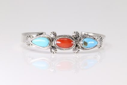 Native America Navajo Sterling Silver Coral & Turquoise Bracelet Cuff By Bobby Platero.