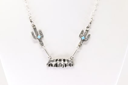Native America Navajo Sterling Silver Turquoise Wolf Pack Necklace By Leroy Silversmith.