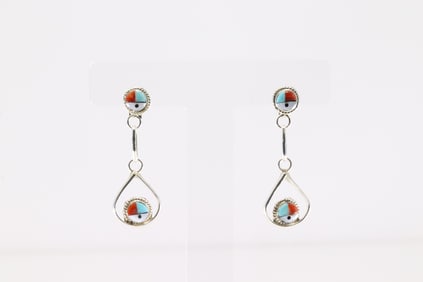 Native America Zuni Sterling Silver Multi-Color Inlay Post / Dangling Earring's By Iris Neha.