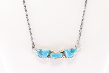 Native America Zuni Sterling Silver Kingman Turquoise Necklace By Jude Candelaria.