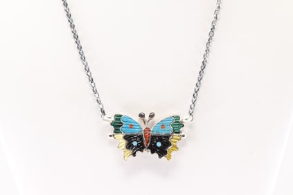 Native America Zuni Sterling Silver Multi-Color Stone Butterfly Necklace By Tamara Pinto.