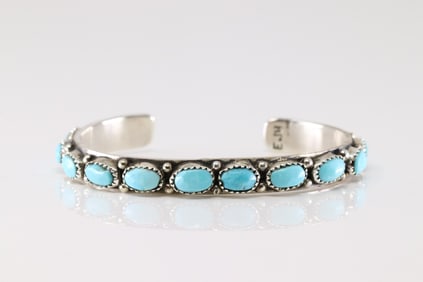 Native America Zuni Sterling Silver Turquoise Bracelet Cuff By Eunis Tso.