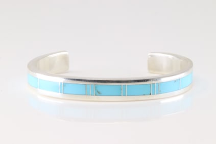 Native America Navajo Sterling Silver Kingman Turquoise Inlay Bracelet Cuff By T.W.