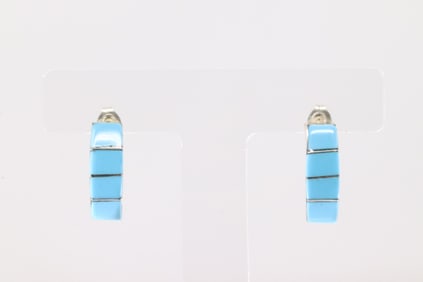 Native America Zuni Sterling Silver Turquoise Inlay Post Earring's By Gilbert Kanesta.