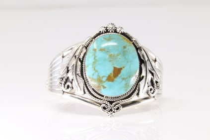Native America Navajo Sterling Silver Turquoise Bracelet Cuff By Leretta Delgarito.