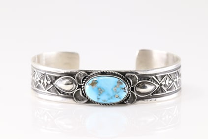 Native America Navajo Sterling Silver Kingman Turquoise Bracelet Cuff By Leonard Maloney.