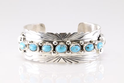 Native America Navajo Sterling Silver Kingman Turquoise Bracelet Cuff By M.Thomas Jr.