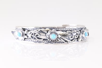 Native American Navajo Sterling Silver Turquoise Floral Bracelet Cuff By Bessie Joe.
