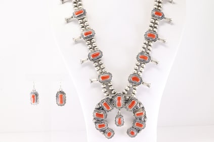 Native American Navajo Sterling Silver Coral Squash Blossom Necklace & Earring's Set By Thomas
