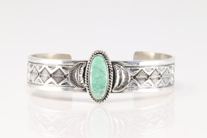 Native America Navajo Sterling Silver Turquoise Bracelet Cuff By Leonard Maloney.
