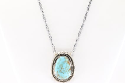 Native America Navajo Sterling Silver Kingman Turquoise Necklace By Brandon Etcitty.