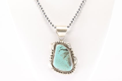 Native America Navajo Sterling Silver Number 8 Turquoise Pendant By Rena Shelly. With Pearl Beaded