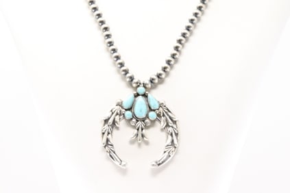 Native America Navajo Sterling Silver Turquoise Pearl Beaded Necklace By Bobby Platero.