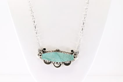 Native America Navajo Sterling Silver Turquoise Necklace By Emerson Delgadito.