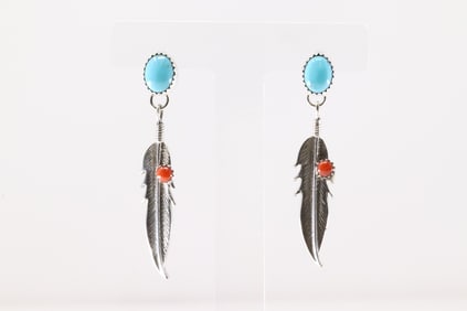 Native America Navajo Sterling Silver Coral & Turquoise Post Dangling Earring's By Sharon McCarthy.