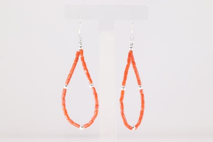 Native America Navajo Sterling Silver Coral Pearl Beaded Dangling Earring's.