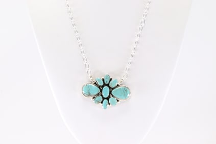 Native America Navajo Sterling Silver Turquoise Flower Design Necklace By Phyllis A. Smith.
