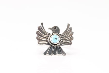 Native America Navajo Sterling Silver Turquoise Thunderbird Ring By Delayne Reeves.