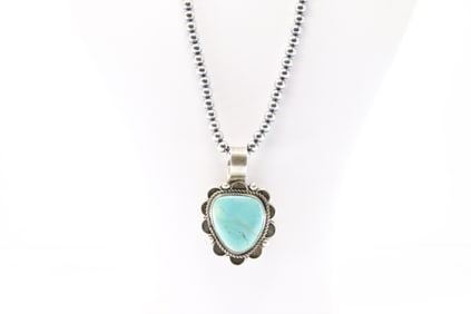 Native America Navajo Sterling Silver Turquoise pendant By Juanita Jake. With Pearl Beaded Sterling