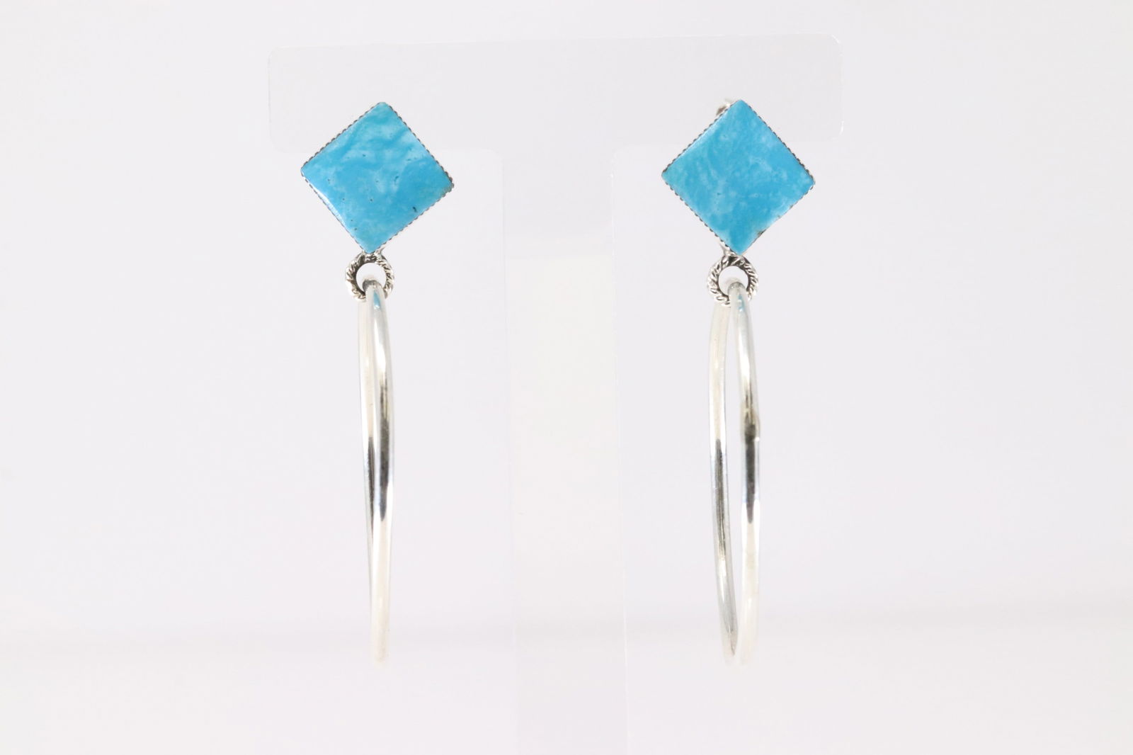 Native American Navajo Sterling Silver Turquoise Hoop Post / Dangling Earring's By R.B.: This is a Native American Navajo Sterling Silver Turquoise Hoop Post / Dangling Earring's By R.B.